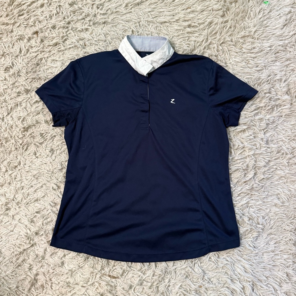 Women’s Size 14 Navy Horze Short Sleeve Horseback Riding Show Shirt. Good Cond.
